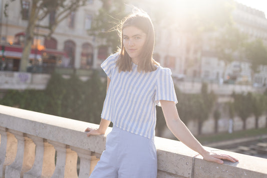 Haut en Lin à Rayures Bleu ciel et Blanc