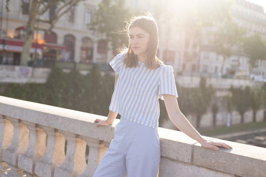 Haut en Lin à Rayures Bleu ciel et Blanc