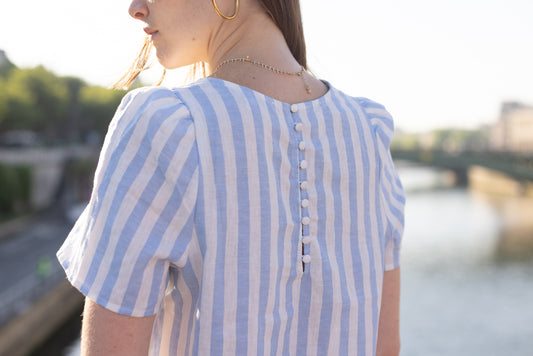 Haut en Lin à Rayures Bleu ciel et Blanc
