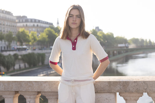 Polo Écru en Maille Détail Fuchsia