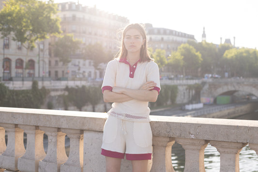Short en Maille Écru Détail Fuchsia