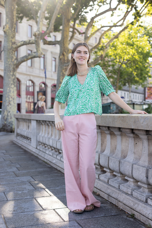 Haut à Motif Vert et Rose