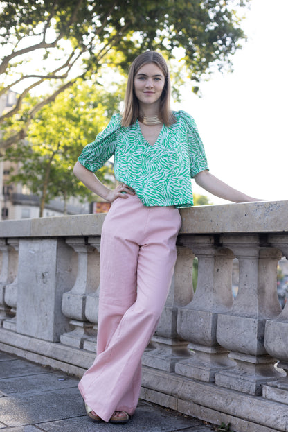 Haut à Motif Vert et Rose
