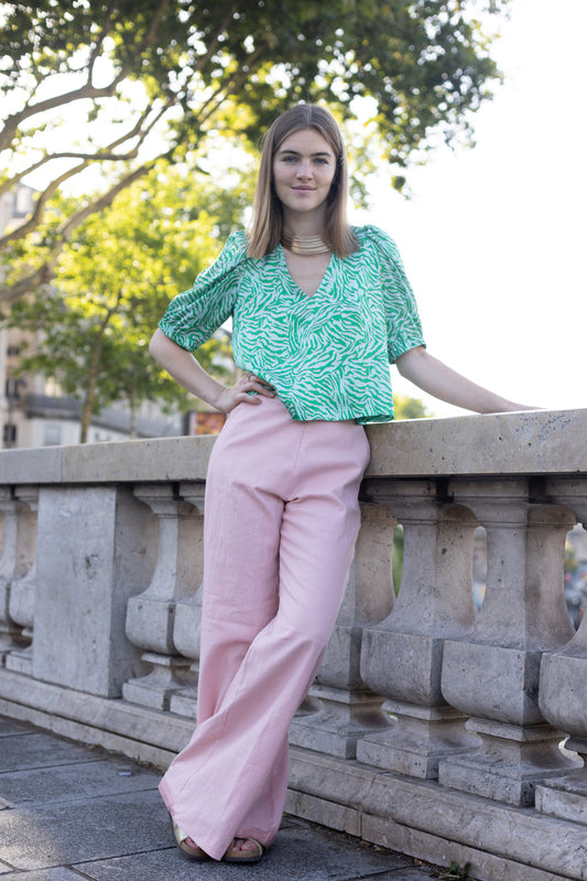 Haut à Motif Vert et Rose