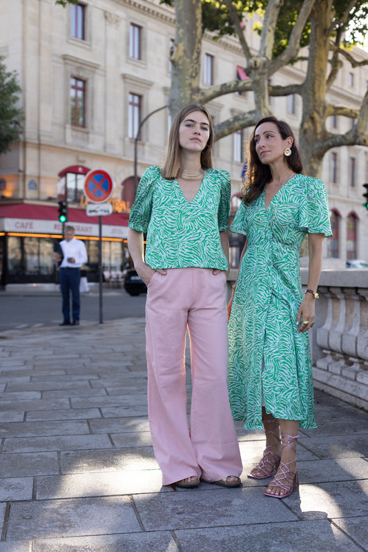 Robe Portefeuille à Motif Rose et Verte