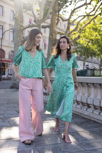 Robe Portefeuille à Motif Rose et Verte
