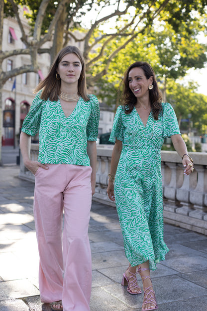 Robe Portefeuille à Motif Rose et Verte