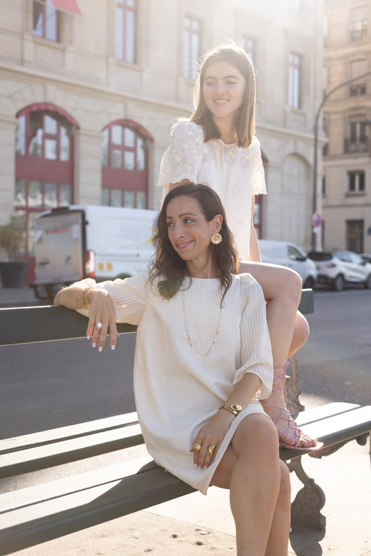 Robe Courte Rayures Lurex Doré Écru