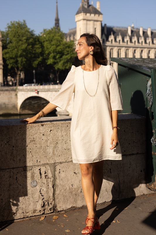 Robe Courte Rayures Lurex Doré Écru