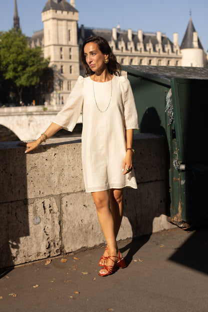 Robe Courte Rayures Lurex Doré Écru
