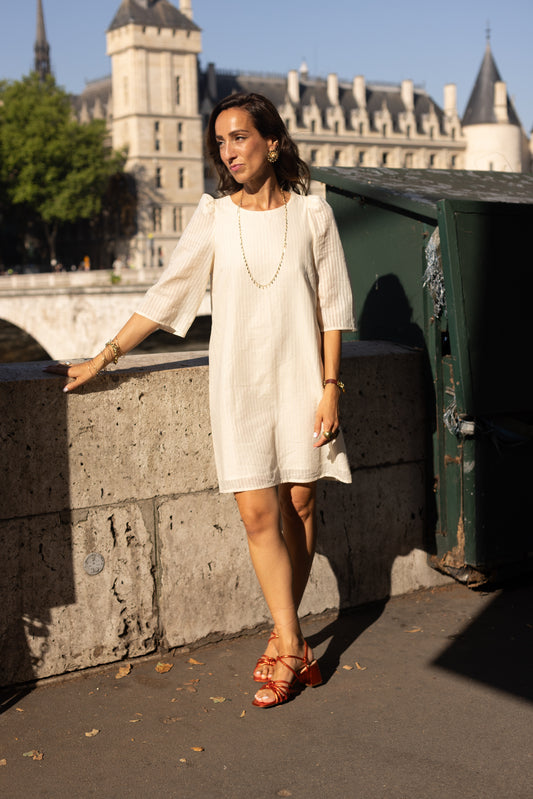 Robe Courte Rayures Lurex Doré Écru