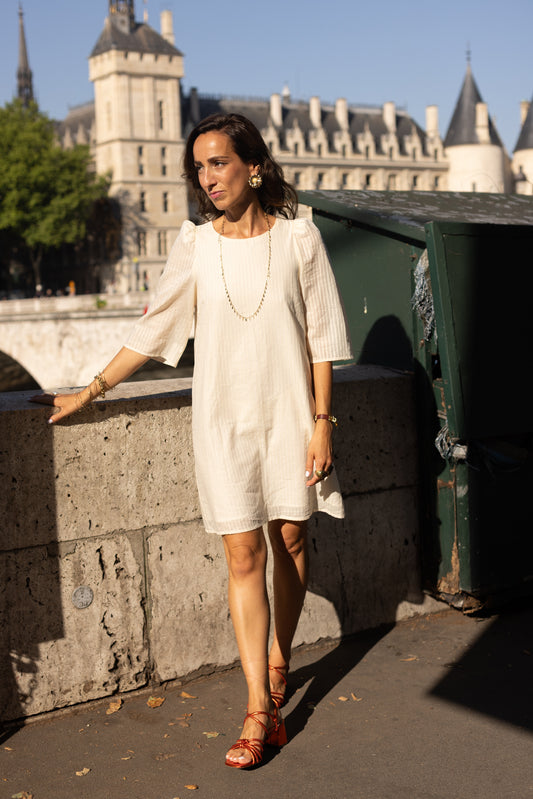 Robe Courte Rayures Lurex Doré Écru