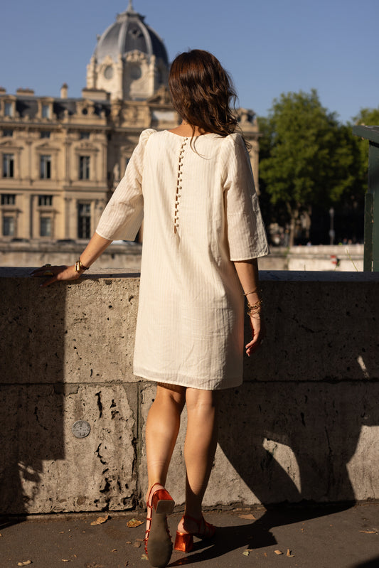 Robe Courte Rayures Lurex Doré Écru