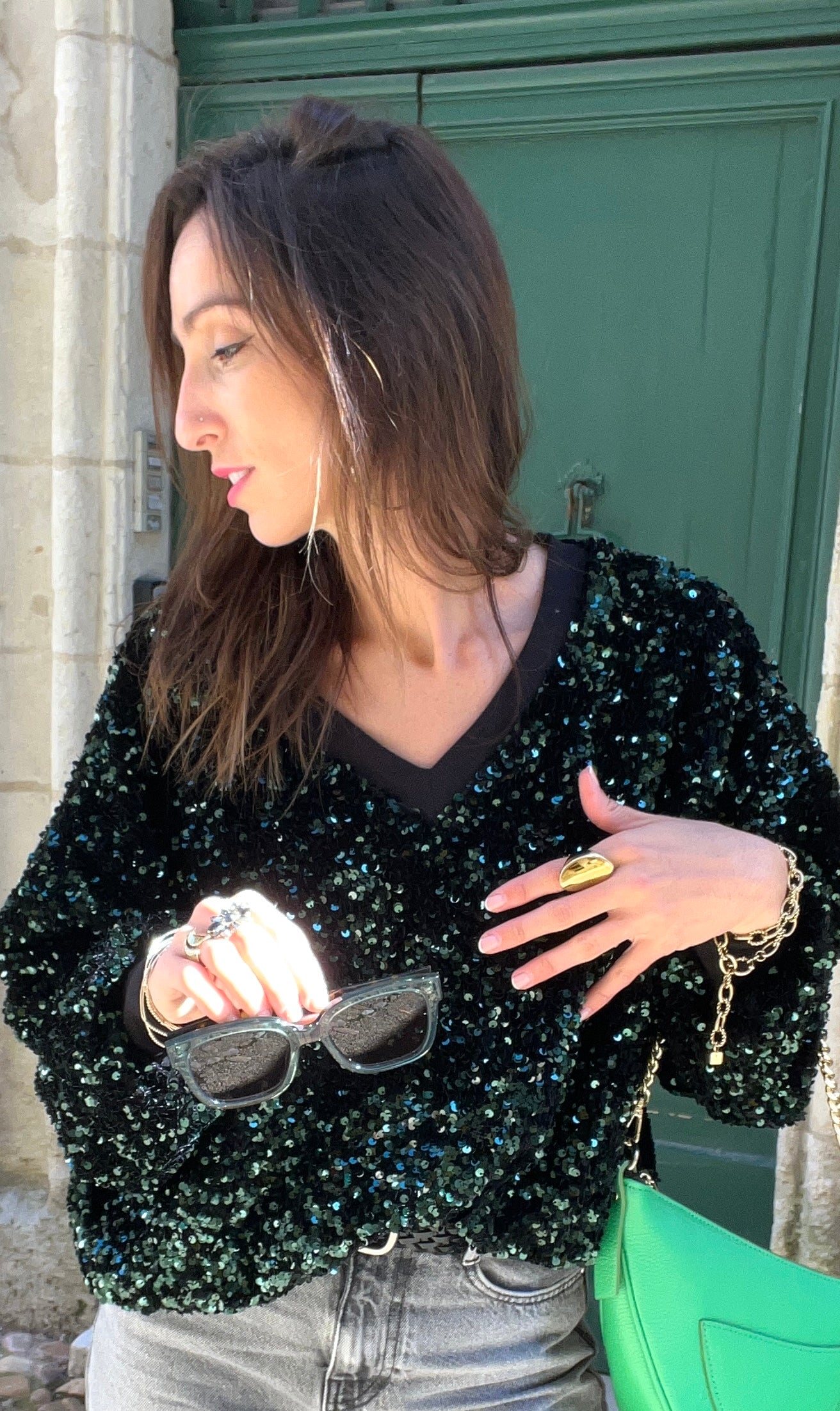 Sweat à paillettes JOSÉPHINE vert