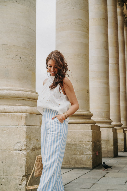 pantalon à rayures blanc et bleu 