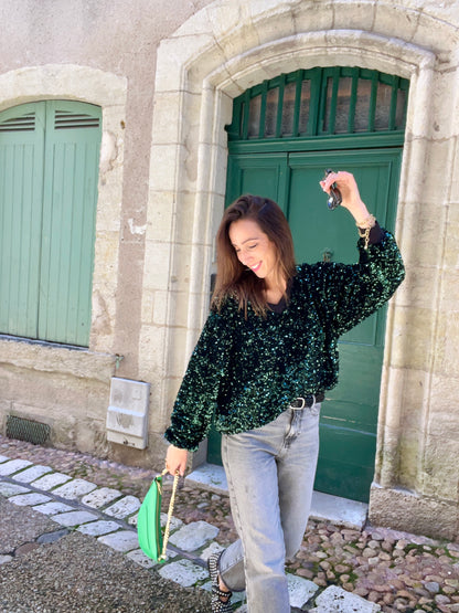 Sweat à paillettes JOSÉPHINE vert