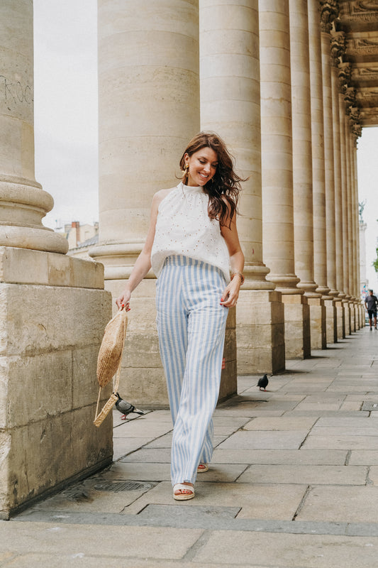 pantalon rayé blanc et bleu 