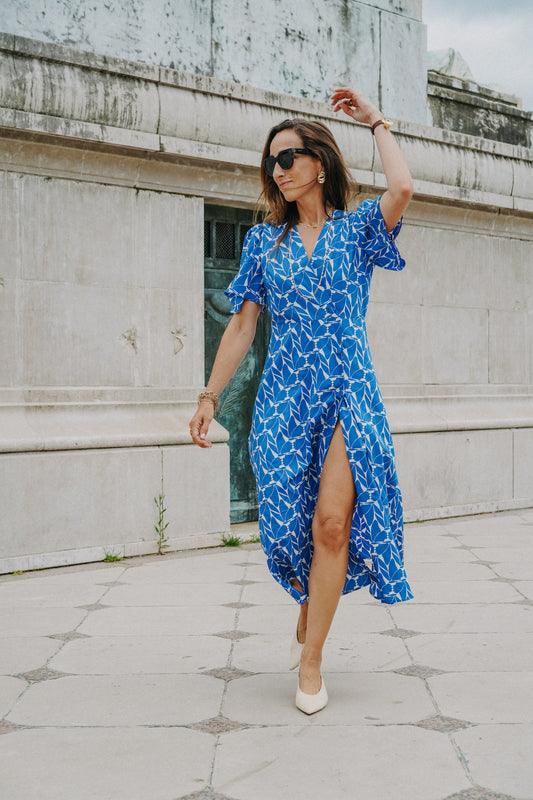 Robe Portefeuille en Coton Bleu et Blanc