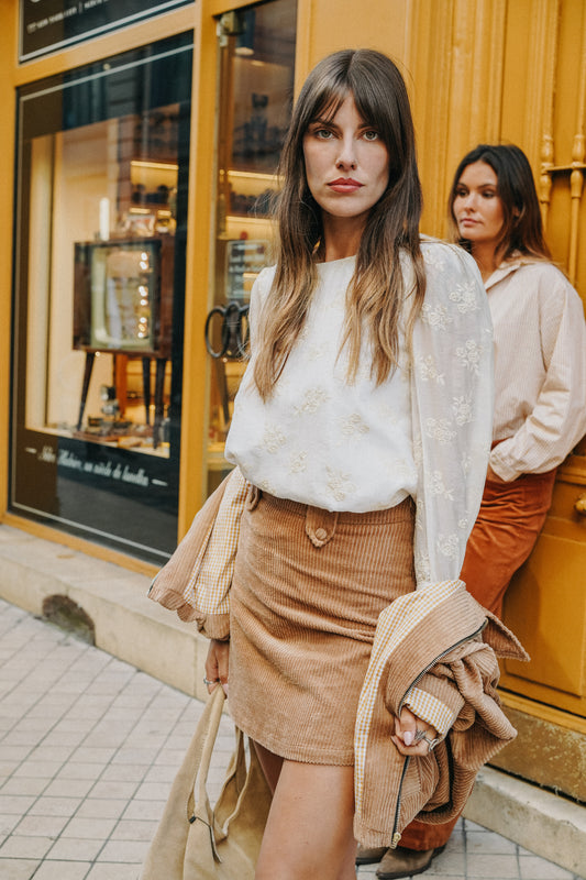 Jupe LÉONIE Velours Côtelé Camel (doublure vichy petits carreaux)