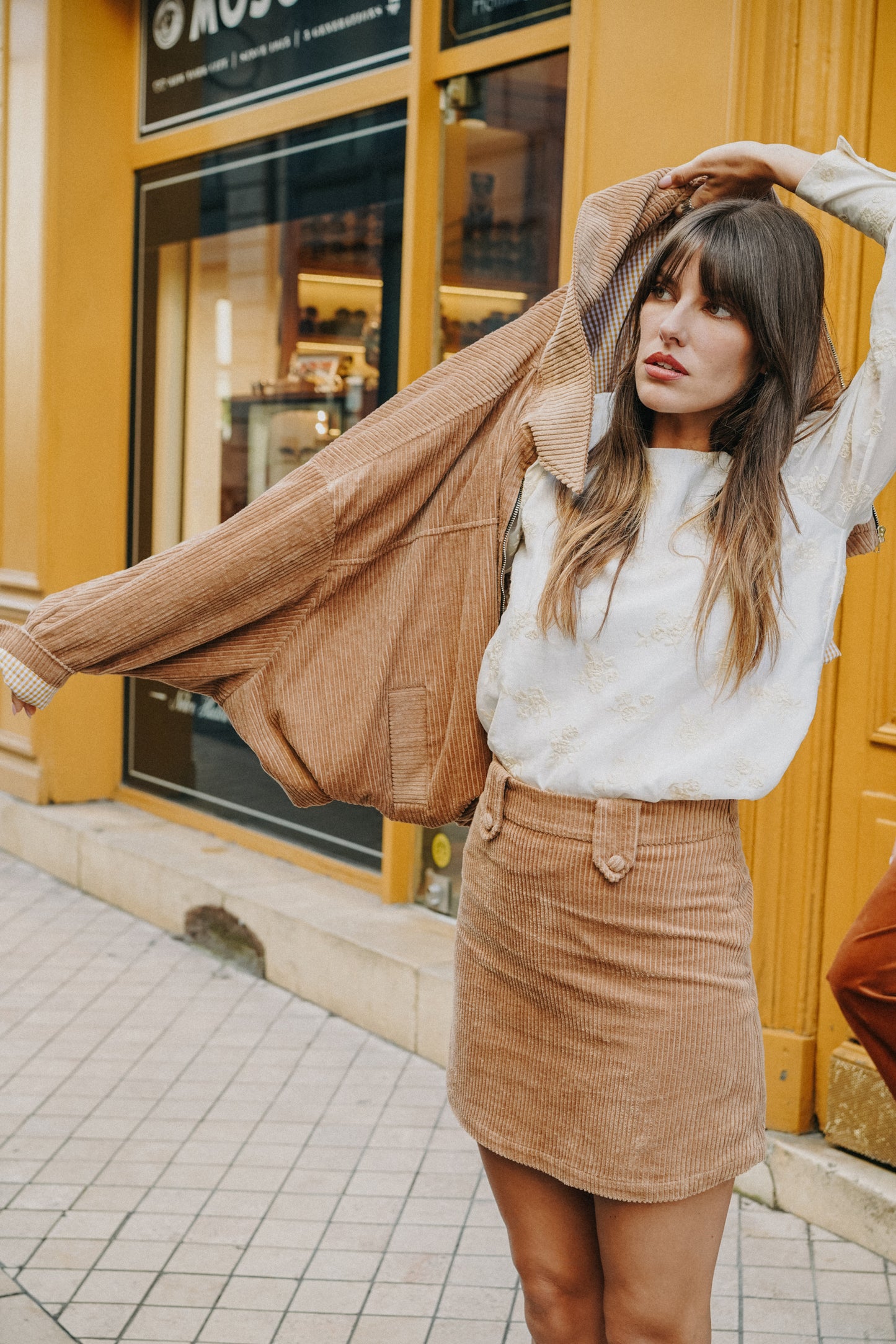 Jupe LÉONIE Velours Côtelé Camel (doublure vichy petits carreaux)