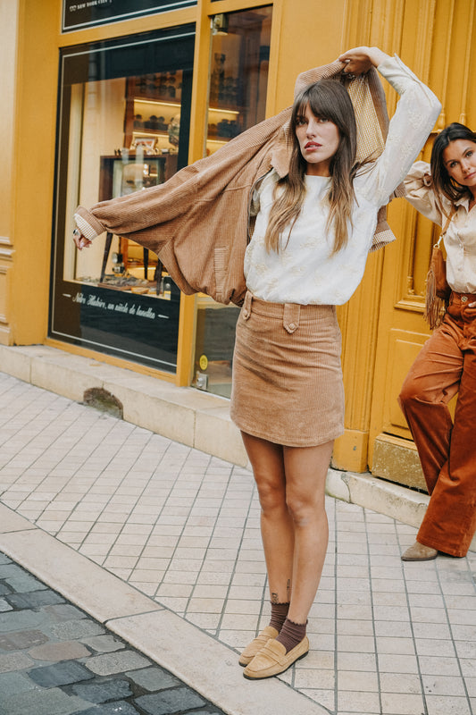 Jupe LÉONIE Velours Côtelé Camel (doublure vichy petits carreaux)