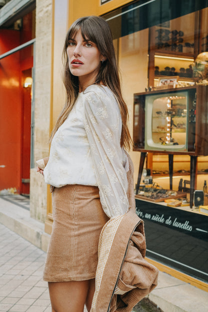 Jupe LÉONIE Velours Côtelé Camel (doublure vichy petits carreaux)