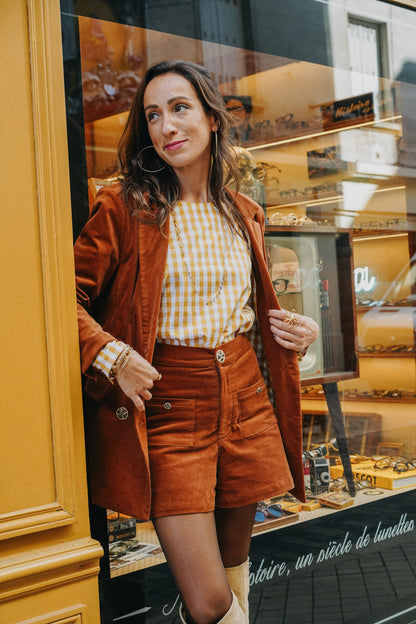 Short LOU Velours camel (doublure vichy)