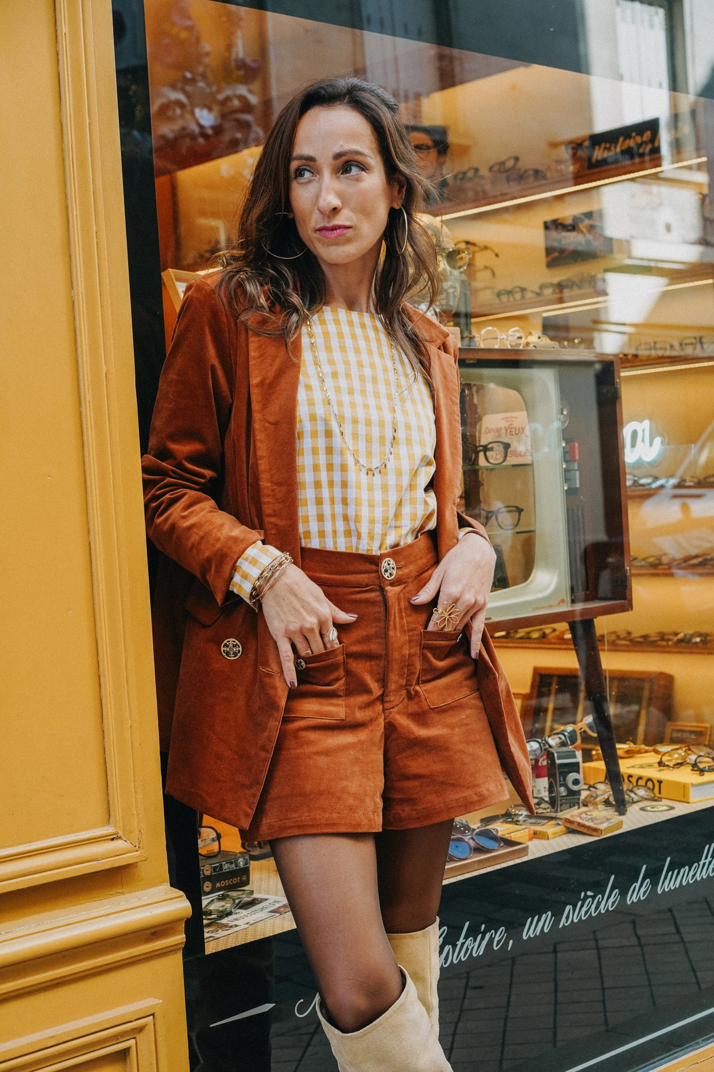 Short LOU Velours camel (doublure vichy)