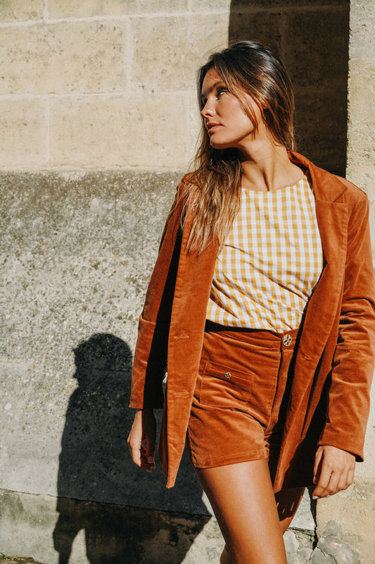 Blazer COLETTE en velours Camel (doublure vichy)