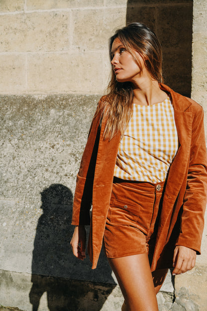 Short LOU Velours camel (doublure vichy)