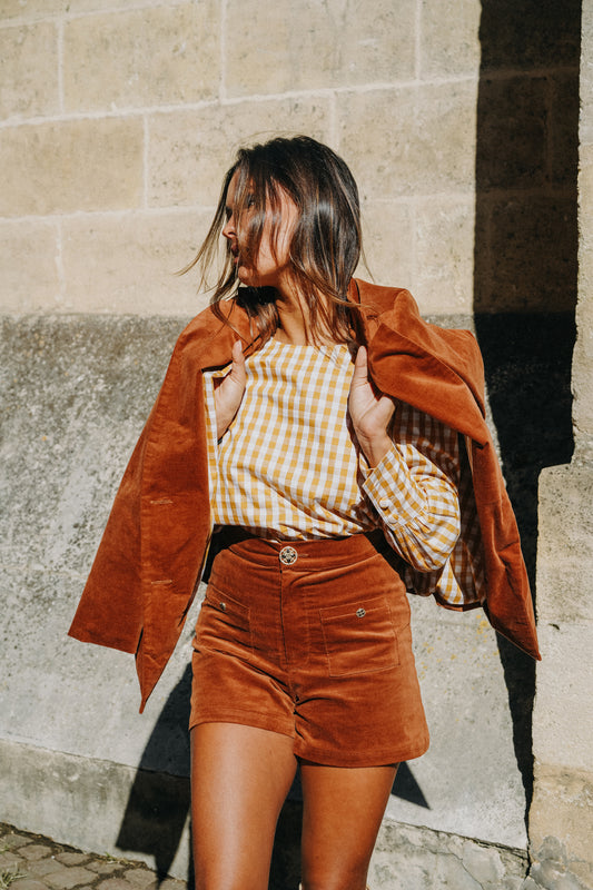 Short LOU Velours camel (doublure vichy)