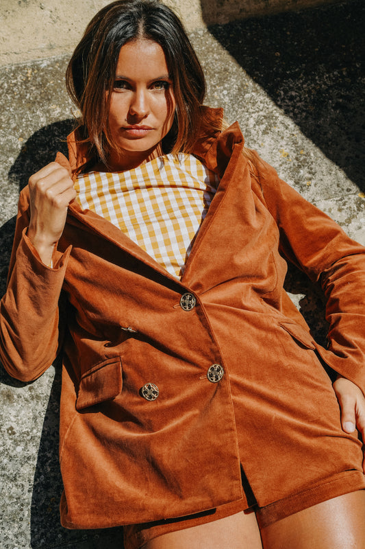 Blazer COLETTE en velours Camel (doublure vichy)