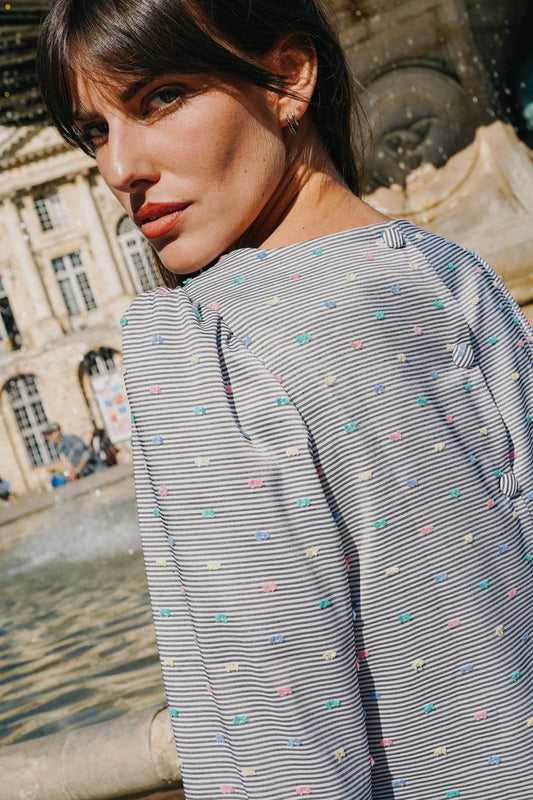 Blouse INDIA Plumeti à Rayures noir (pois couleurs)