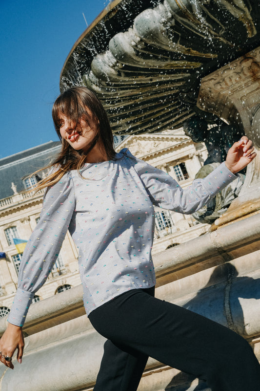 Blouse INDIA Plumeti à Rayures noir (pois couleurs)