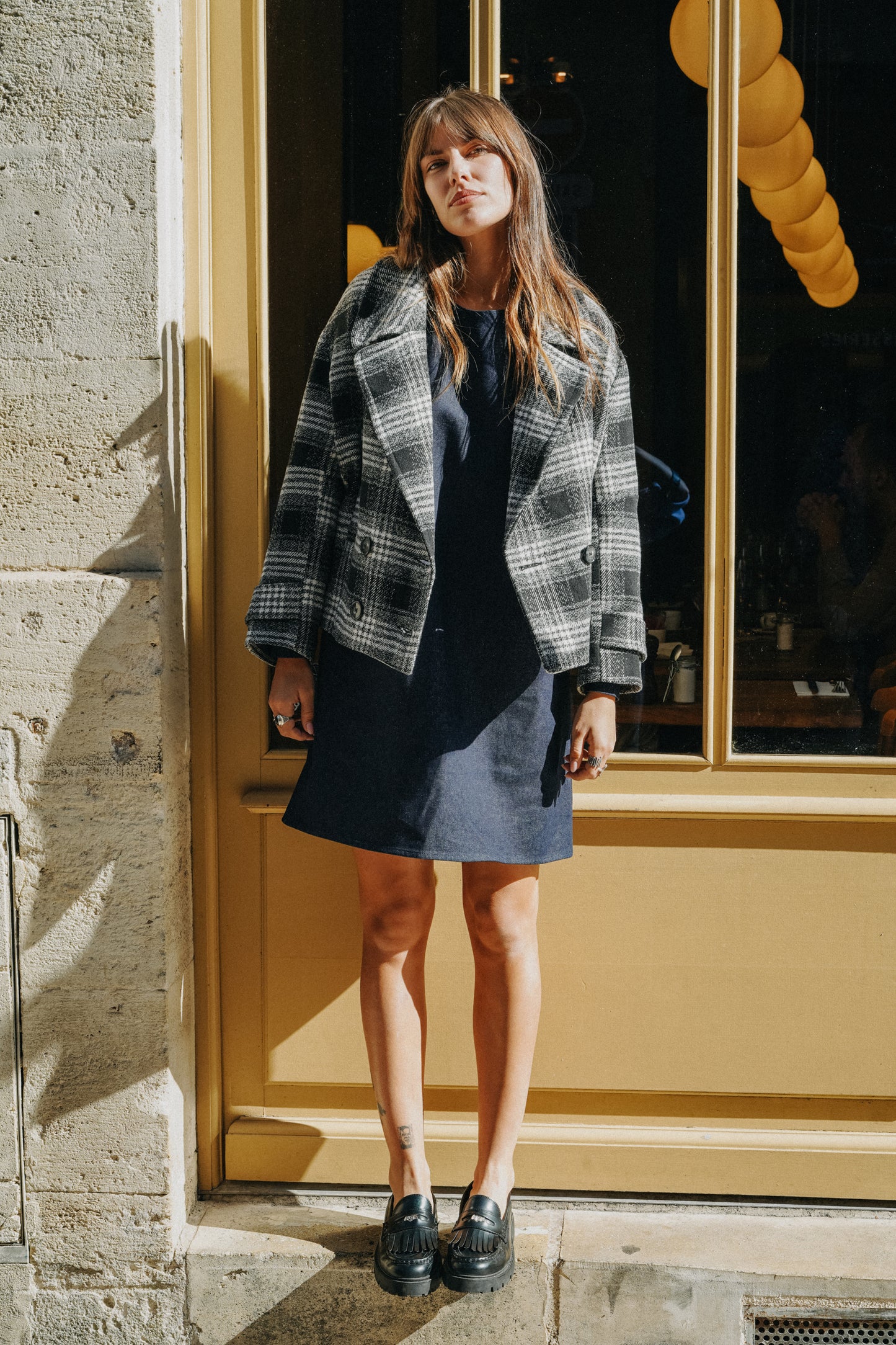 Manteau court noir et blanc Tartan CAPUCINE