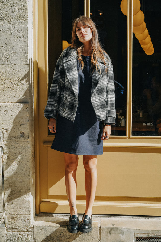 Manteau court noir et blanc Tartan CAPUCINE