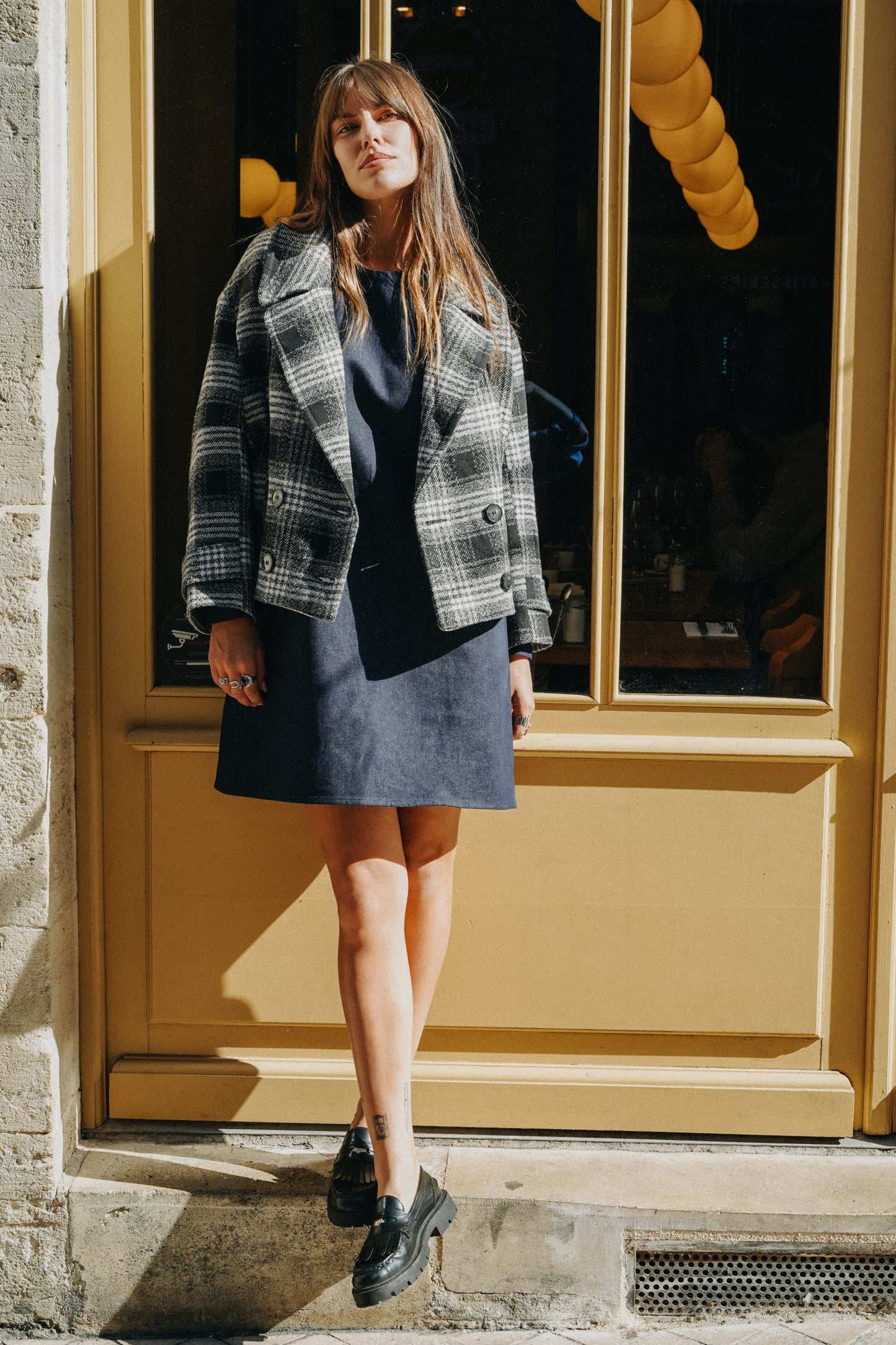 Manteau court noir et blanc Tartan CAPUCINE