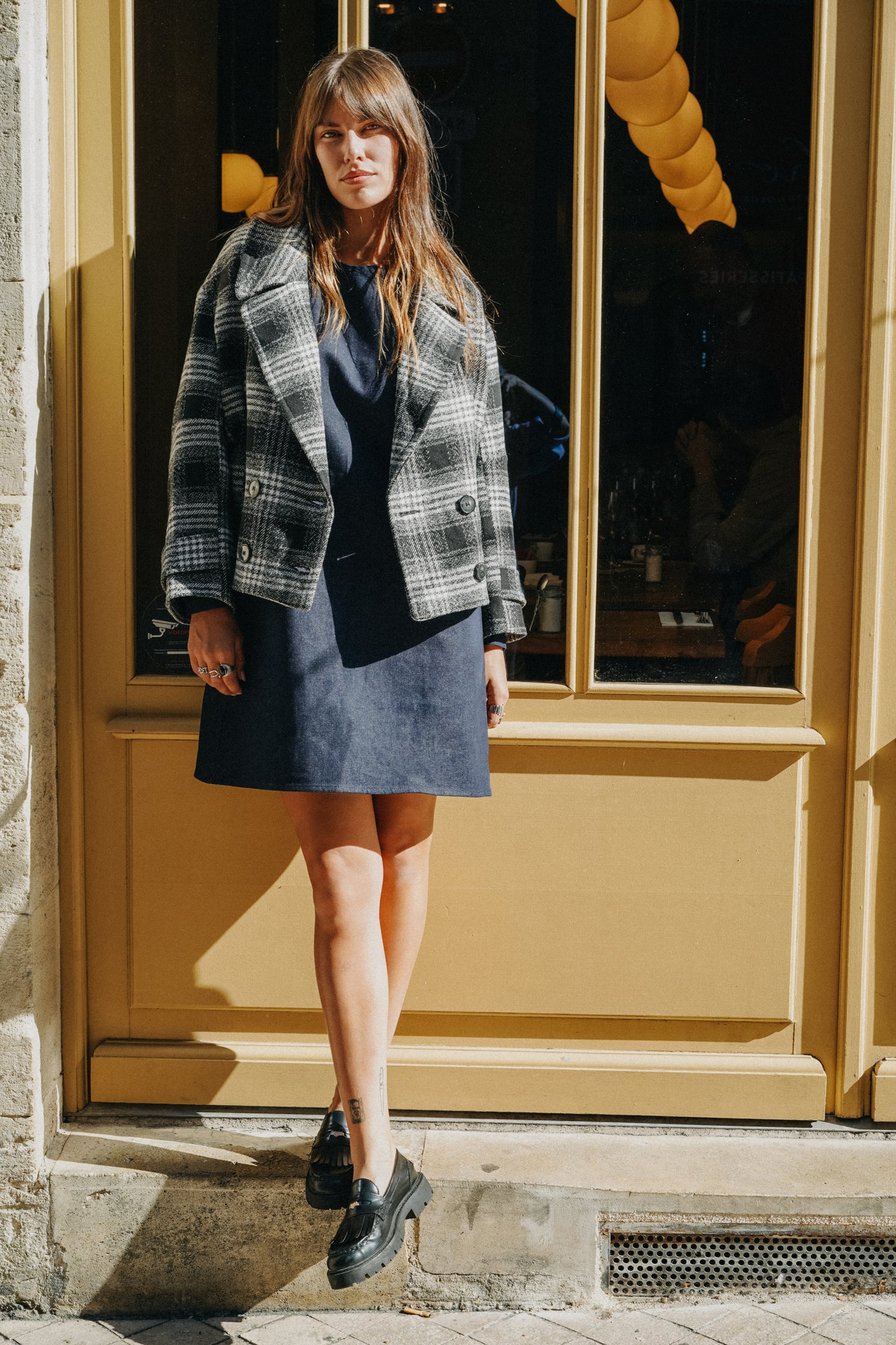 Manteau court noir et blanc Tartan CAPUCINE