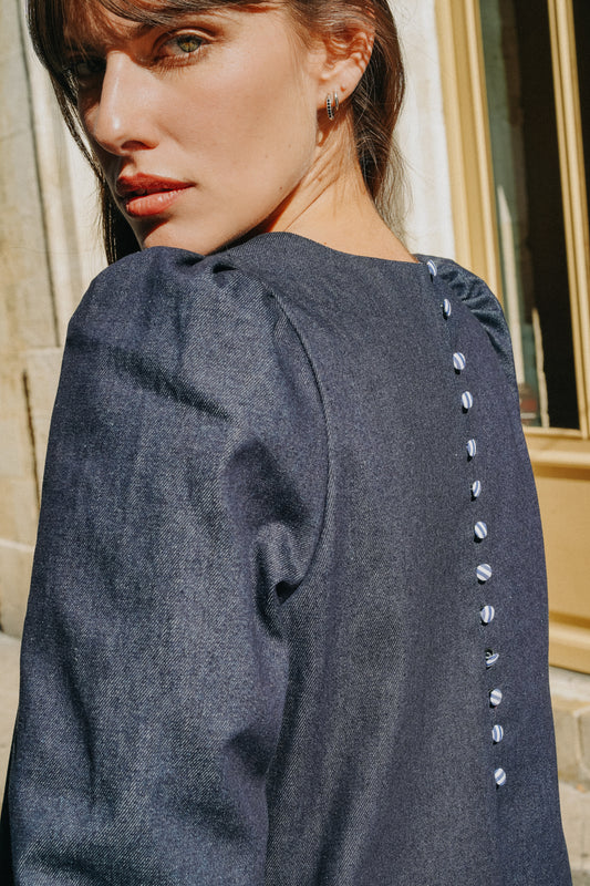 Robe ELISA jean bleu épaules et manches bouffantes