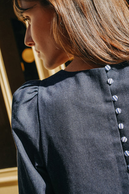 Robe ELISA jean bleu épaules et manches bouffantes