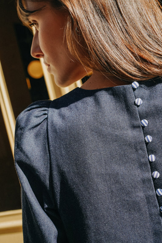 Robe ELISA jean bleu épaules et manches bouffantes