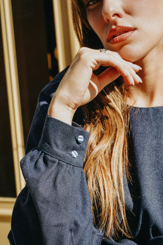 Robe ELISA jean bleu épaules et manches bouffantes