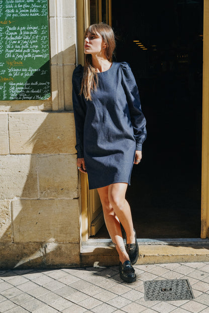 Robe ELISA jean bleu épaules et manches bouffantes