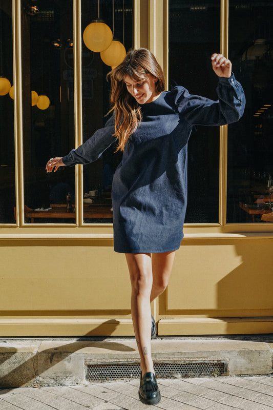 Robe ELISA jean bleu épaules et manches bouffantes