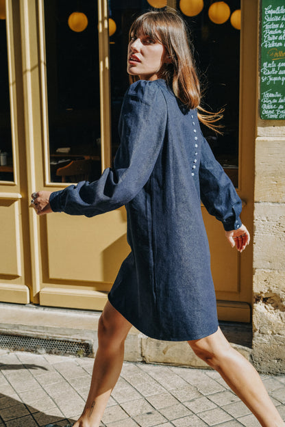 Robe ELISA jean bleu épaules et manches bouffantes