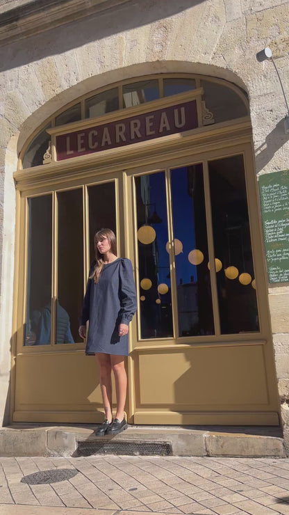 Robe ELISA jean bleu épaules et manches bouffantes